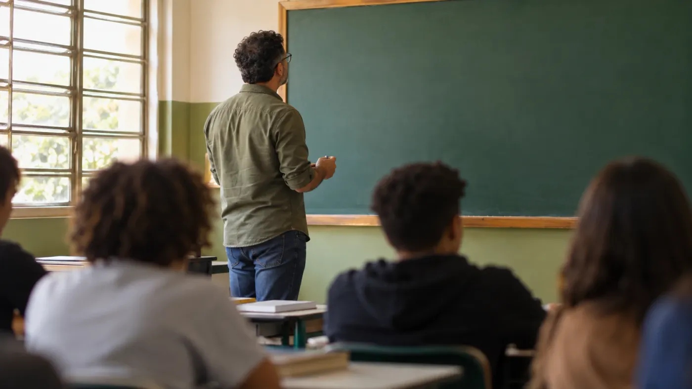 Professor de costas diante da lousa, com alunos desfocados à frente